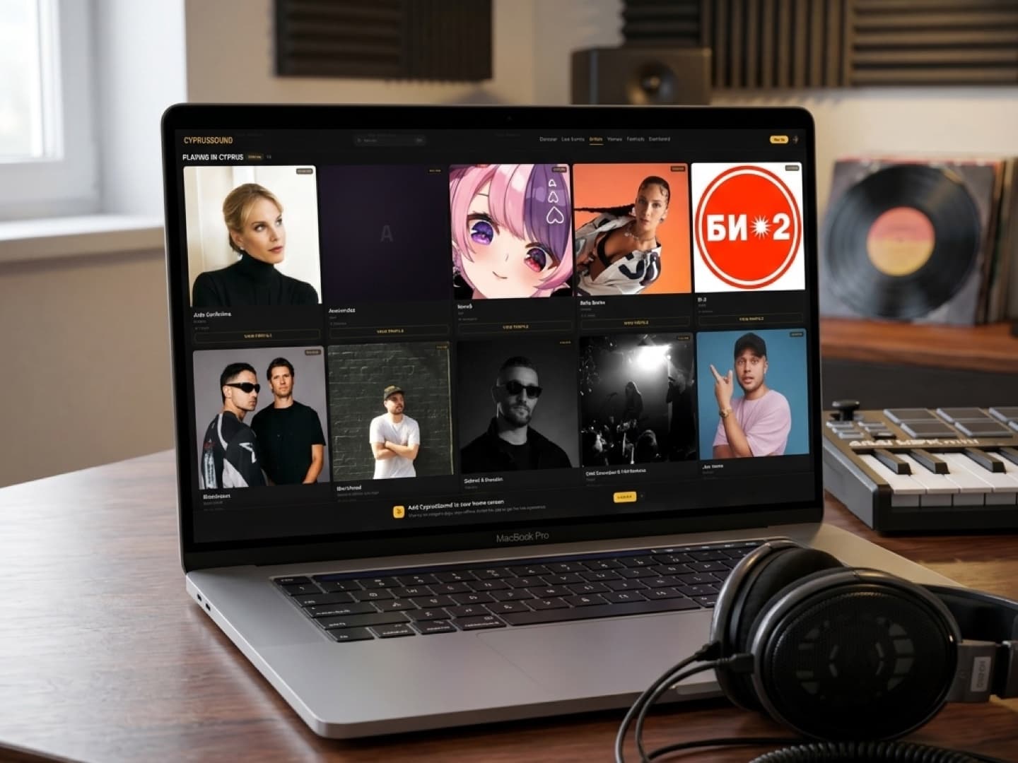 CyprusSound, the live music discovery platform built and operated by Backlight Media, shown on a laptop: the 'Playing in Cyprus' artist grid across the island's scene