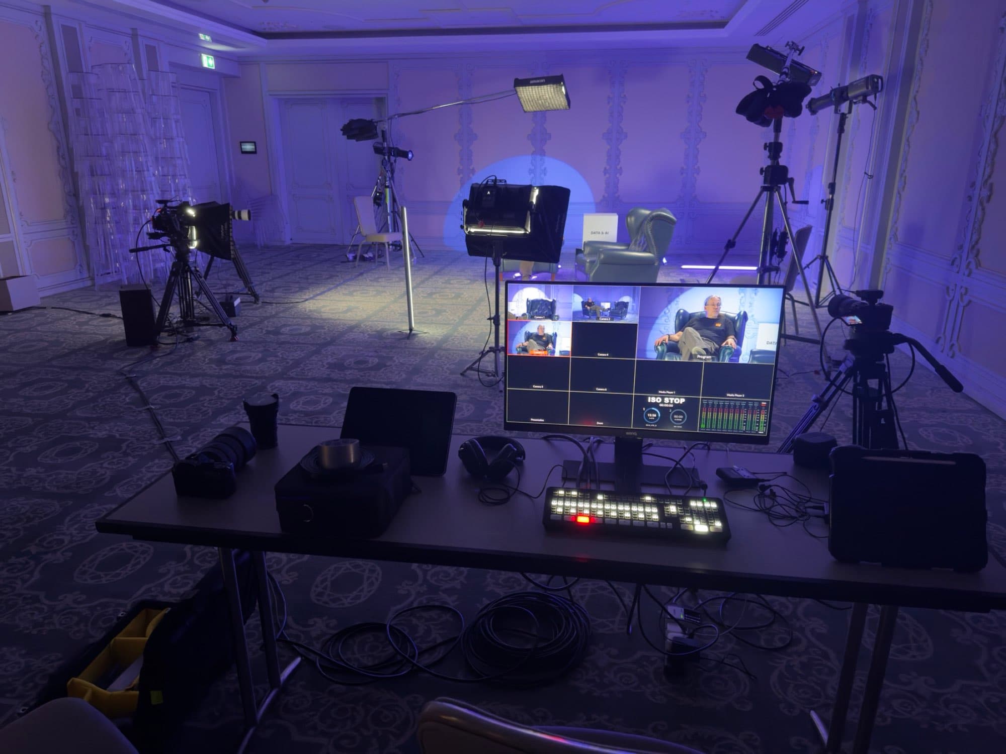 Backlight Media vision engineer cutting the main-stage presentations and content to the 6 by 3 metre LED screen at the Chrisons Cloud Tech Expo in Cyprus