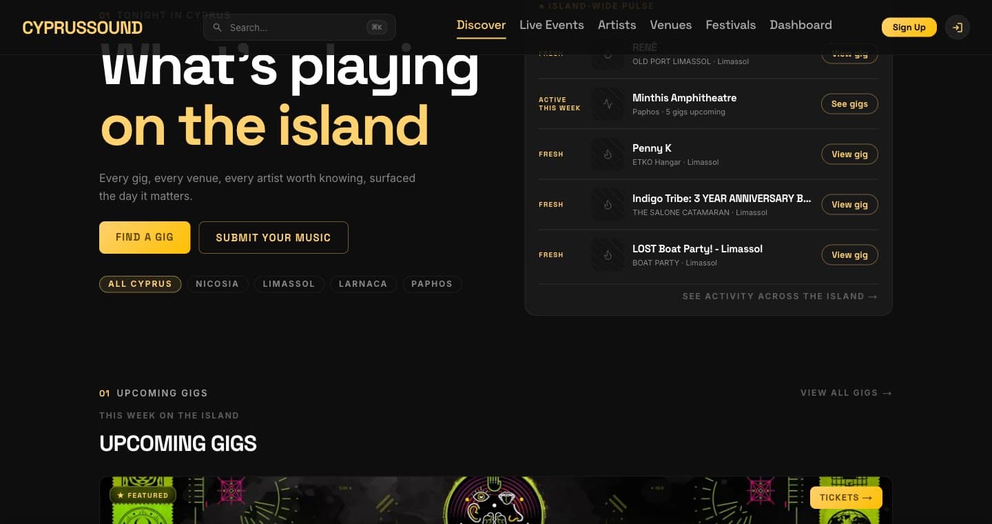 The live CyprusSound homepage: 'What's playing on the island', tonight's gigs and the island-wide pulse of venues and artists, built and operated by Backlight Media