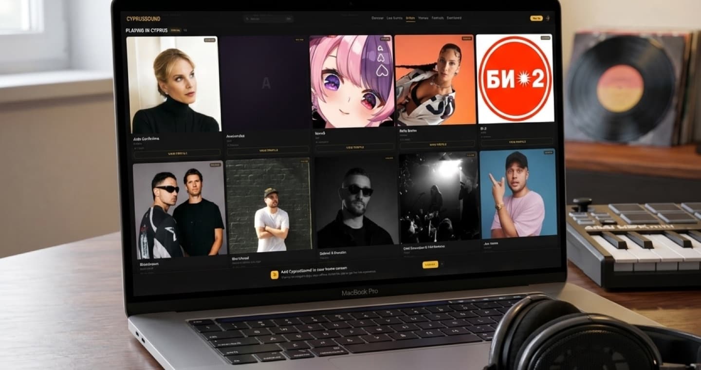CyprusSound, the live music discovery platform built and operated by Backlight Media, shown on a laptop: the 'Playing in Cyprus' artist grid across the island's scene