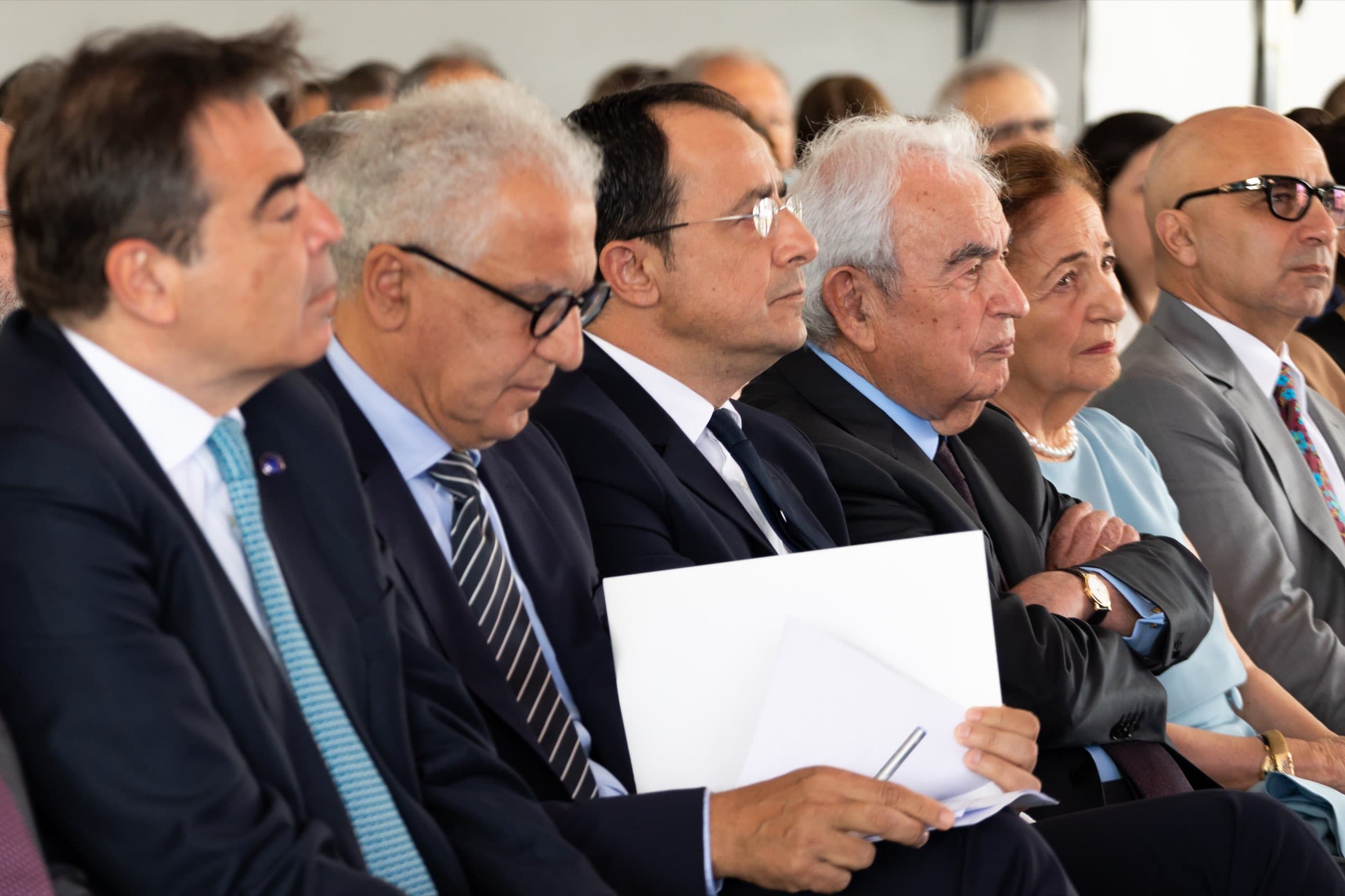 Front row of dignitaries including the President of the Republic seated at the Cyprus Cancer Research Institute (CCRI) grand opening, covered live by Backlight Media