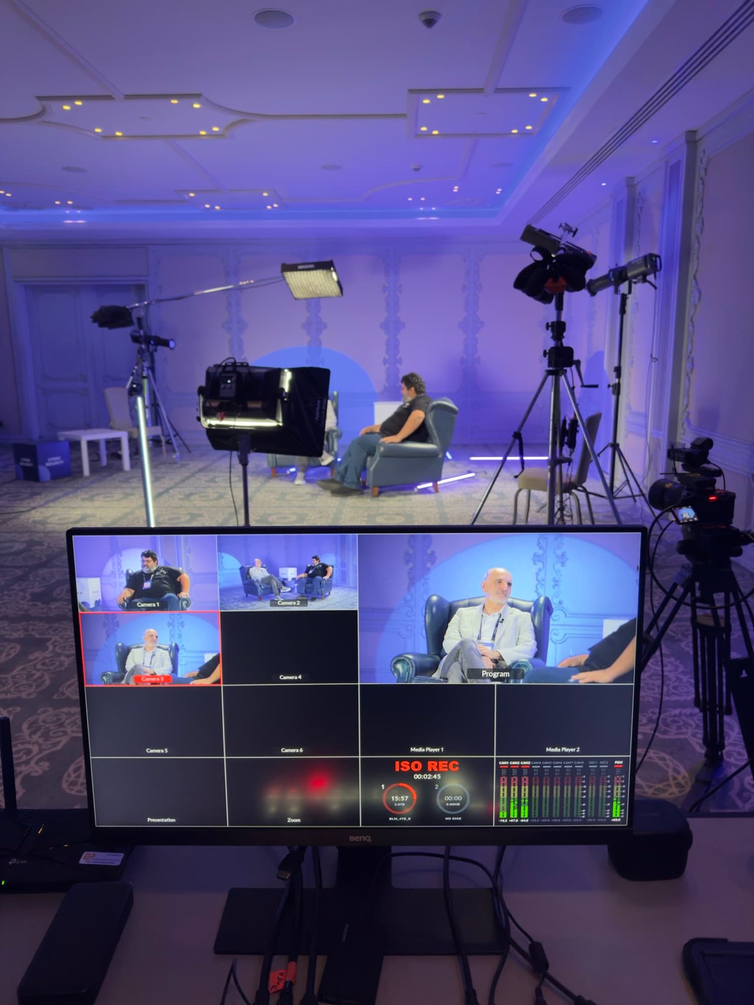 Large multiview monitor showing the grid of presenter and content sources at the Chrisons Cloud Tech Expo, operated by Backlight Media
