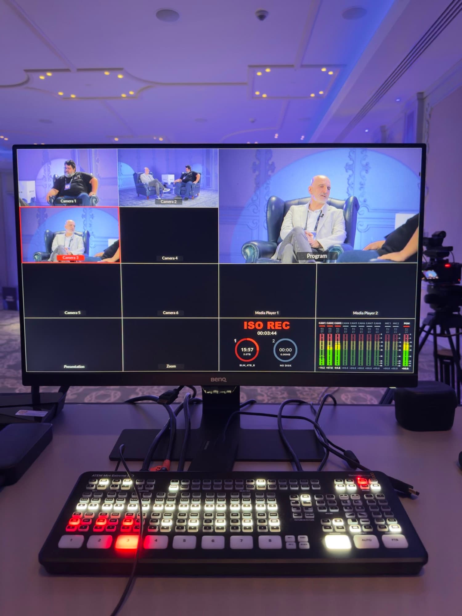 Vision mixer and multiview as Backlight Media cuts the presentations and content to the room's LED screen at the Chrisons Cloud Tech Expo in Cyprus