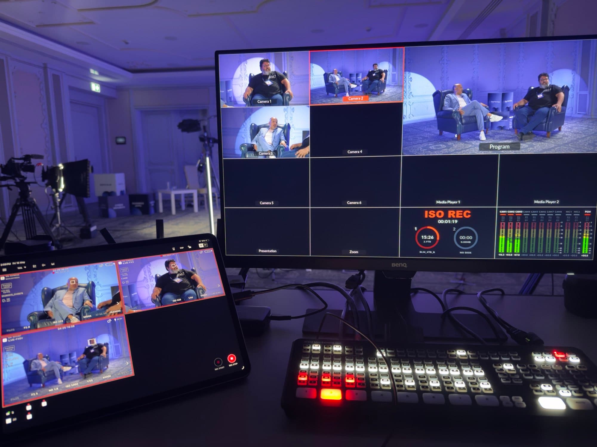 Backlight Media vision control desk with monitor and audio meters at the Chrisons Cloud Tech Expo, Cyprus