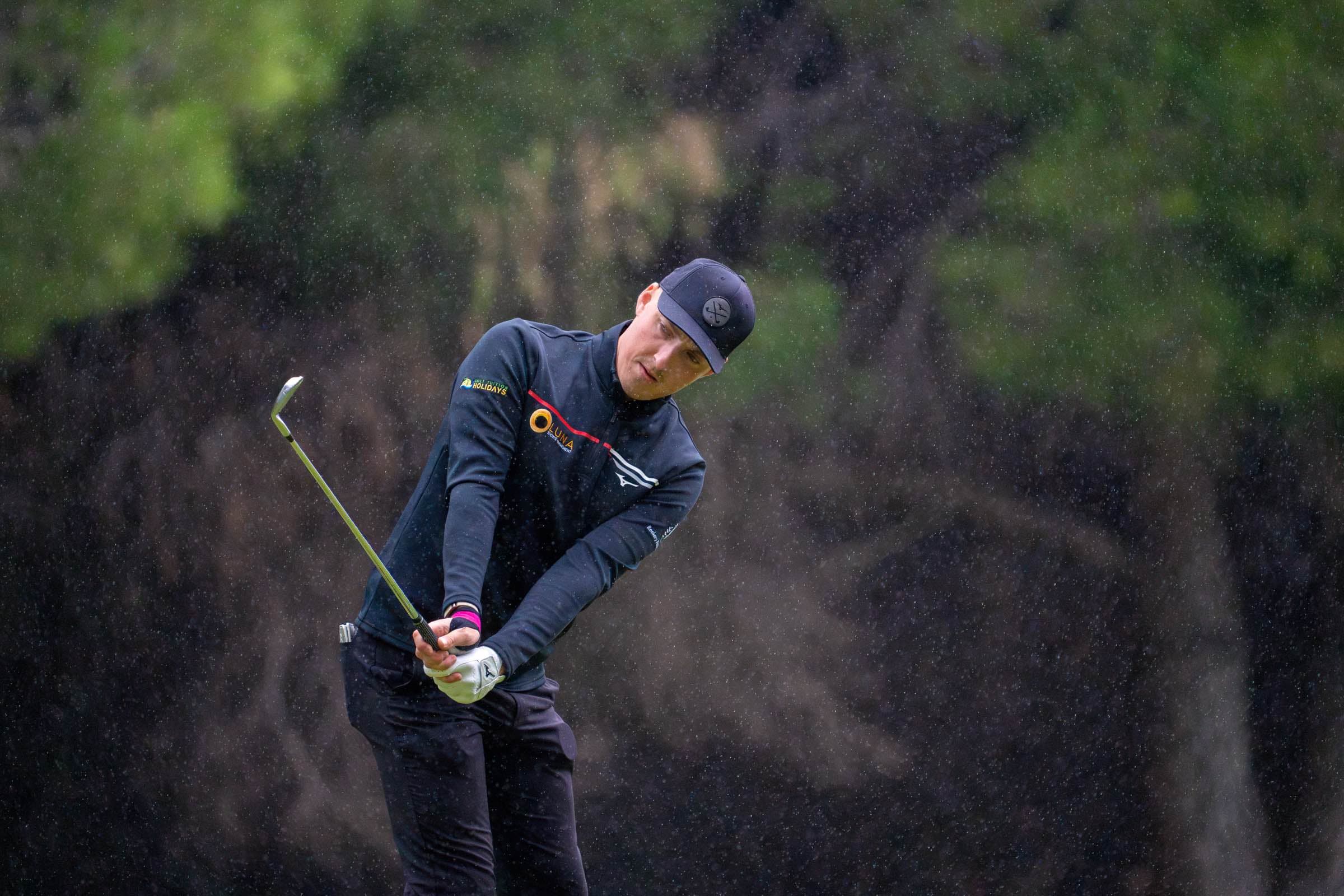 Tournament play in the rain at the St James's Place PGA event, Antalya Golf Club, Turkey, captured by Backlight Media