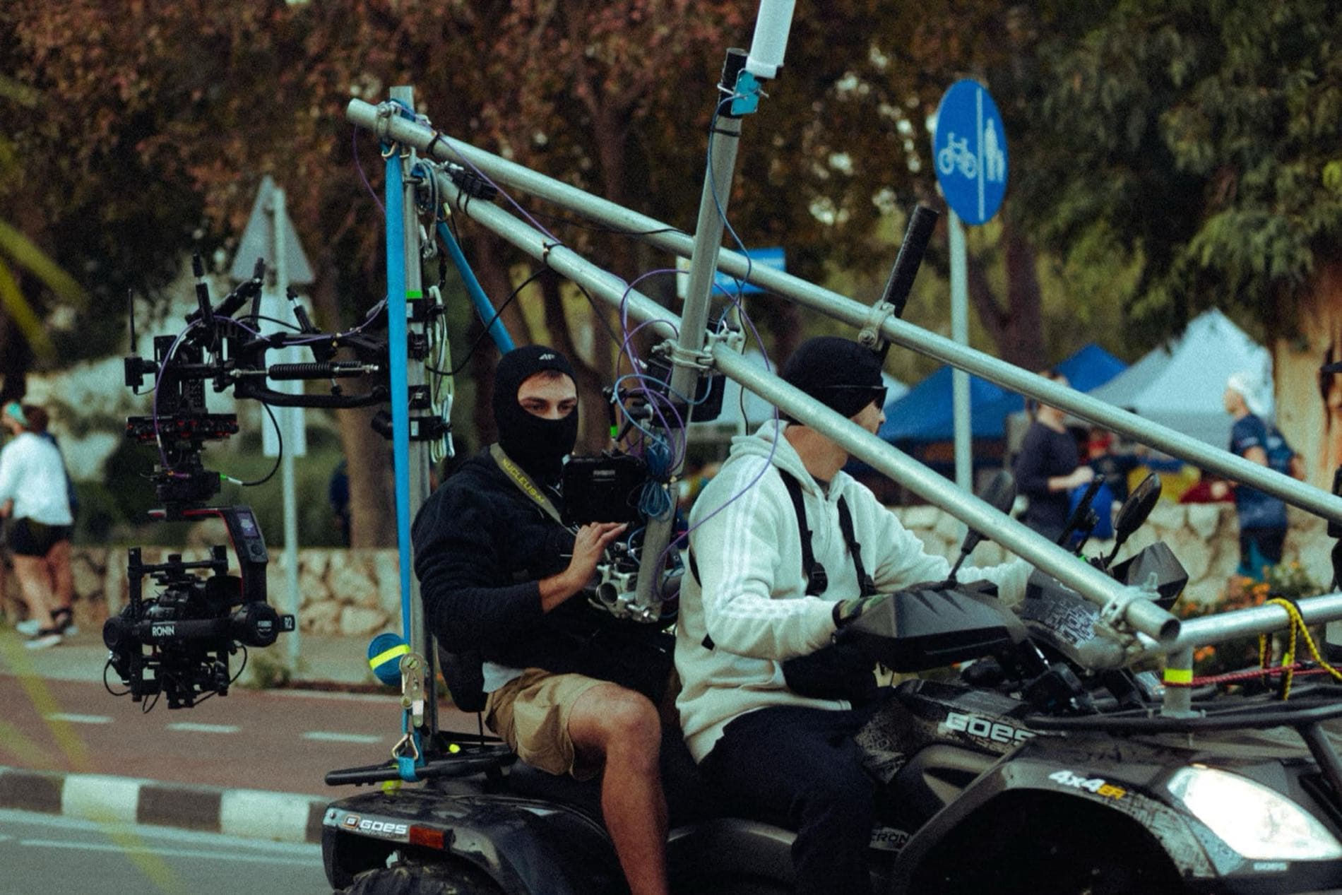 Close on a Backlight Media quad-bike mounted gimbal camera rig covering the Quantum Nicosia Marathon live broadcast in Nicosia, Cyprus