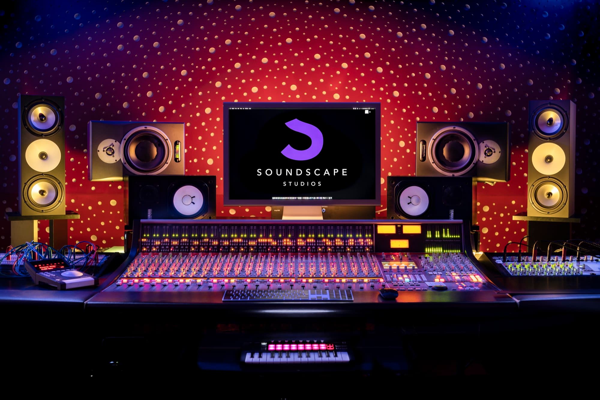 The control room mixing console and studio monitors at Soundscape Studios, shot by Backlight Media
